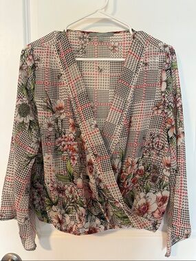 Sweet Rain Floral Plaid Wrap Blouse - Pink/Green